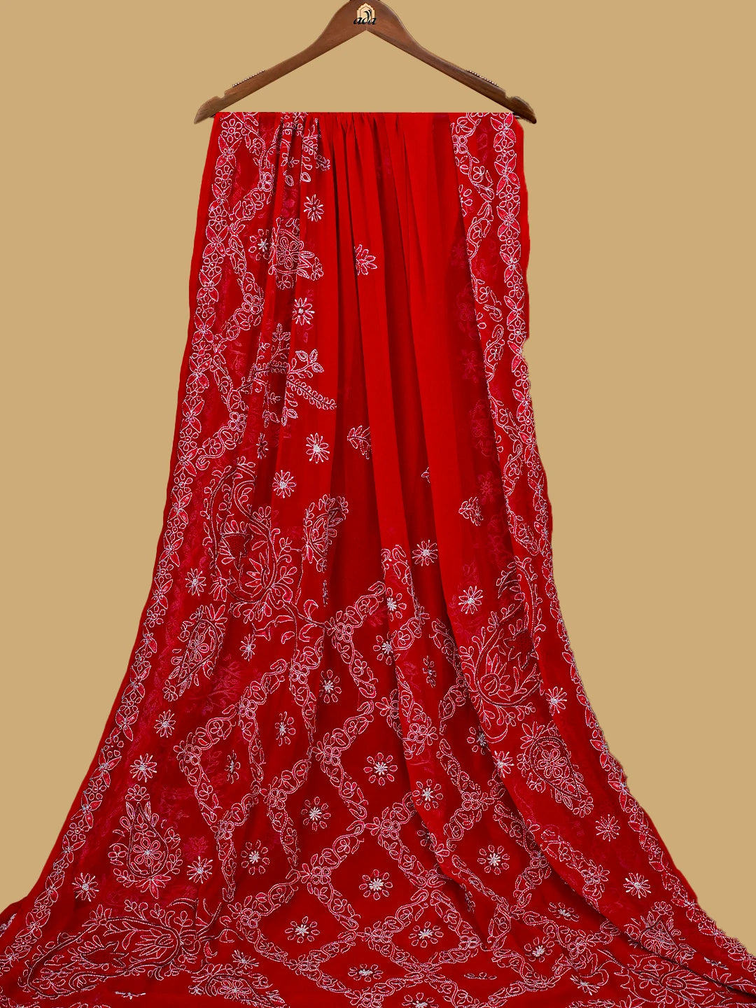 Ada Hand Embroidered Red Georgette Lucknowi Chikankari Saree and Blouse with Pearl Work A424050