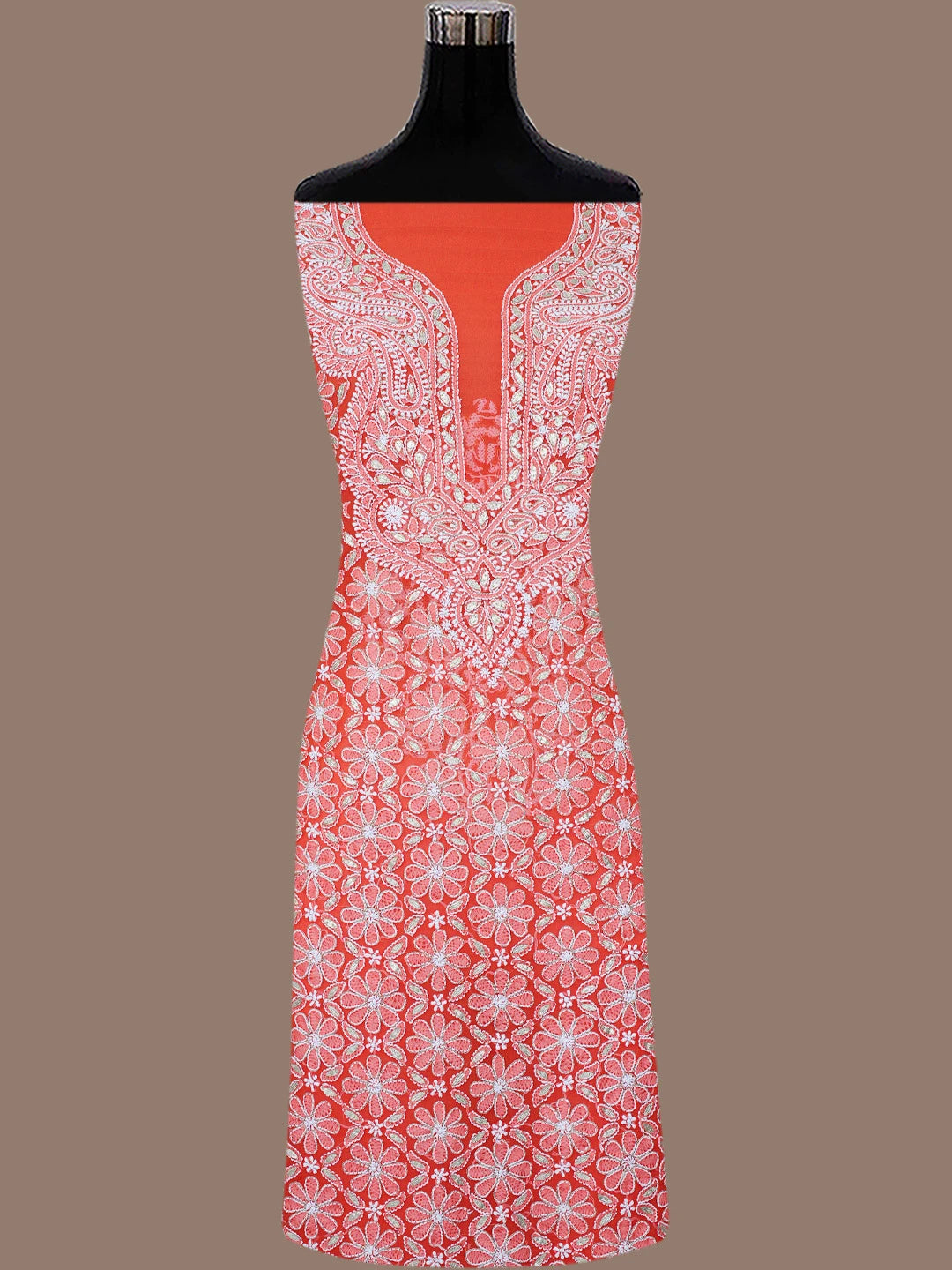 Ada Hand Embroidered Candy Apple Red  Faux Georgette Lucknowi Chikankari Unstitched Suit Piece With Gota Patti Work A514832