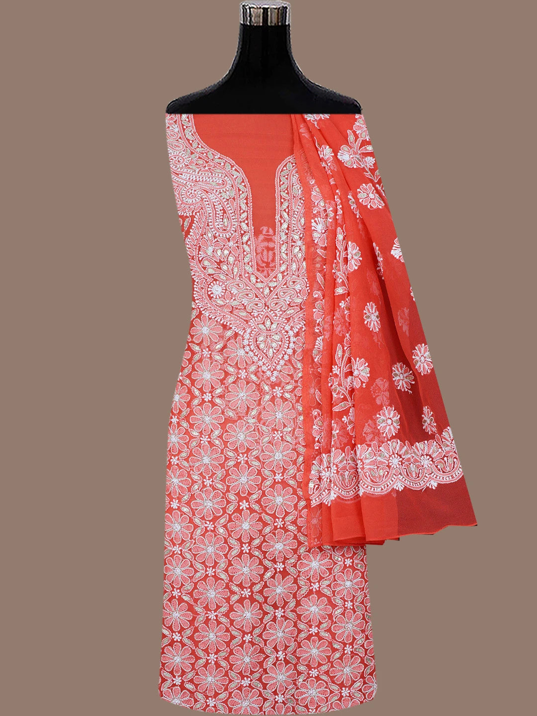 Ada Hand Embroidered Candy Apple Red  Faux Georgette Lucknowi Chikankari Unstitched Suit Piece With Gota Patti Work A514832