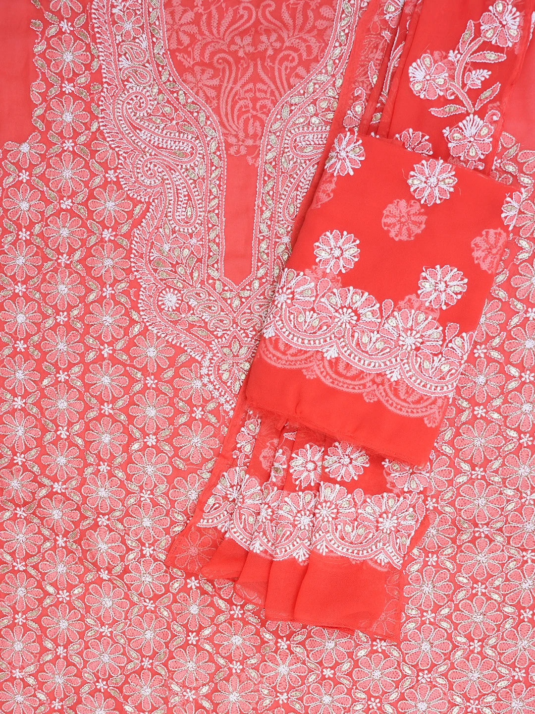 Ada Hand Embroidered Candy Apple Red  Faux Georgette Lucknowi Chikankari Unstitched Suit Piece With Gota Patti Work A514832