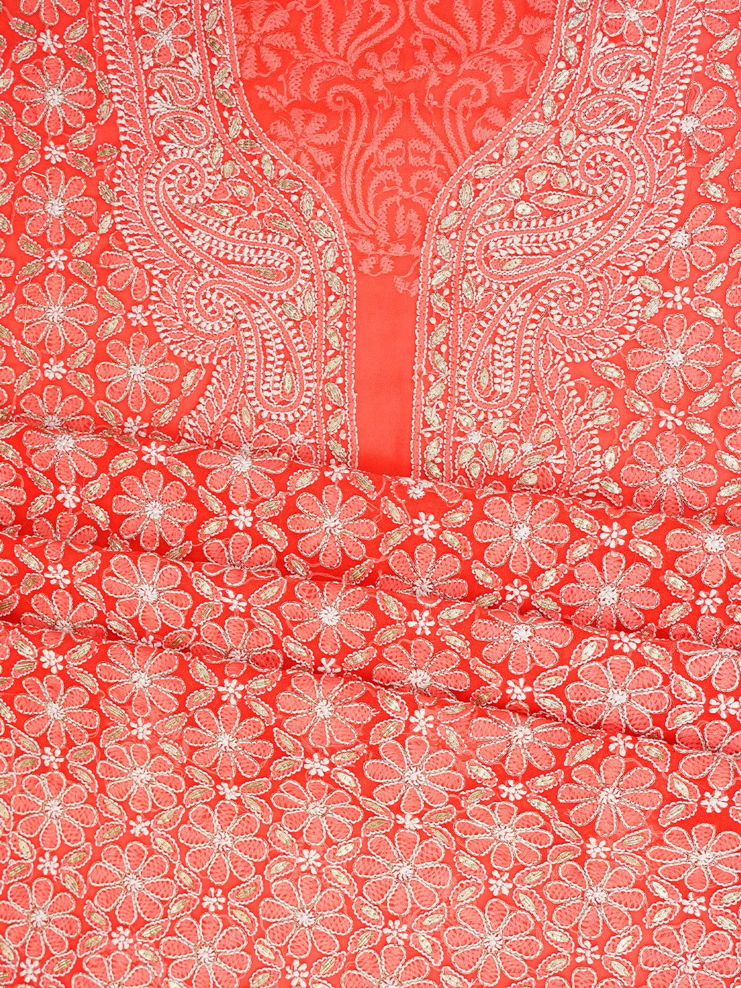 Ada Hand Embroidered Candy Apple Red  Faux Georgette Lucknowi Chikankari Unstitched Suit Piece With Gota Patti Work A514832