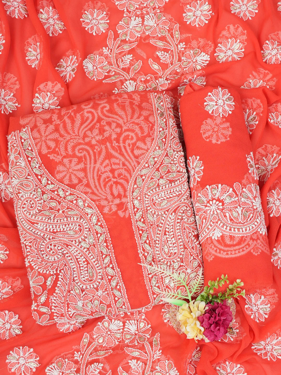 Ada Hand Embroidered Candy Apple Red  Faux Georgette Lucknowi Chikankari Unstitched Suit Piece With Gota Patti Work A514832
