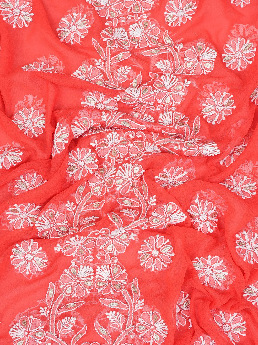Ada Hand Embroidered Candy Apple Red  Faux Georgette Lucknowi Chikankari Unstitched Suit Piece With Gota Patti Work A514832