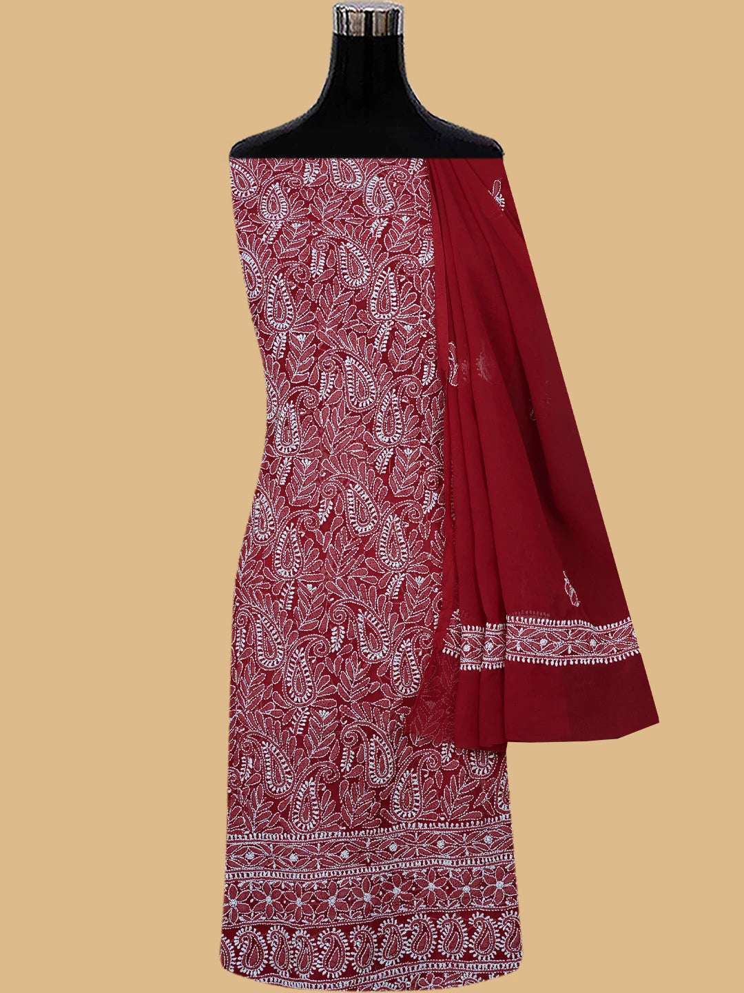 Ada Hand Embroidered Maroon Georgette Lucknowi Chikankari Unstitched Suit Piece 01A476680