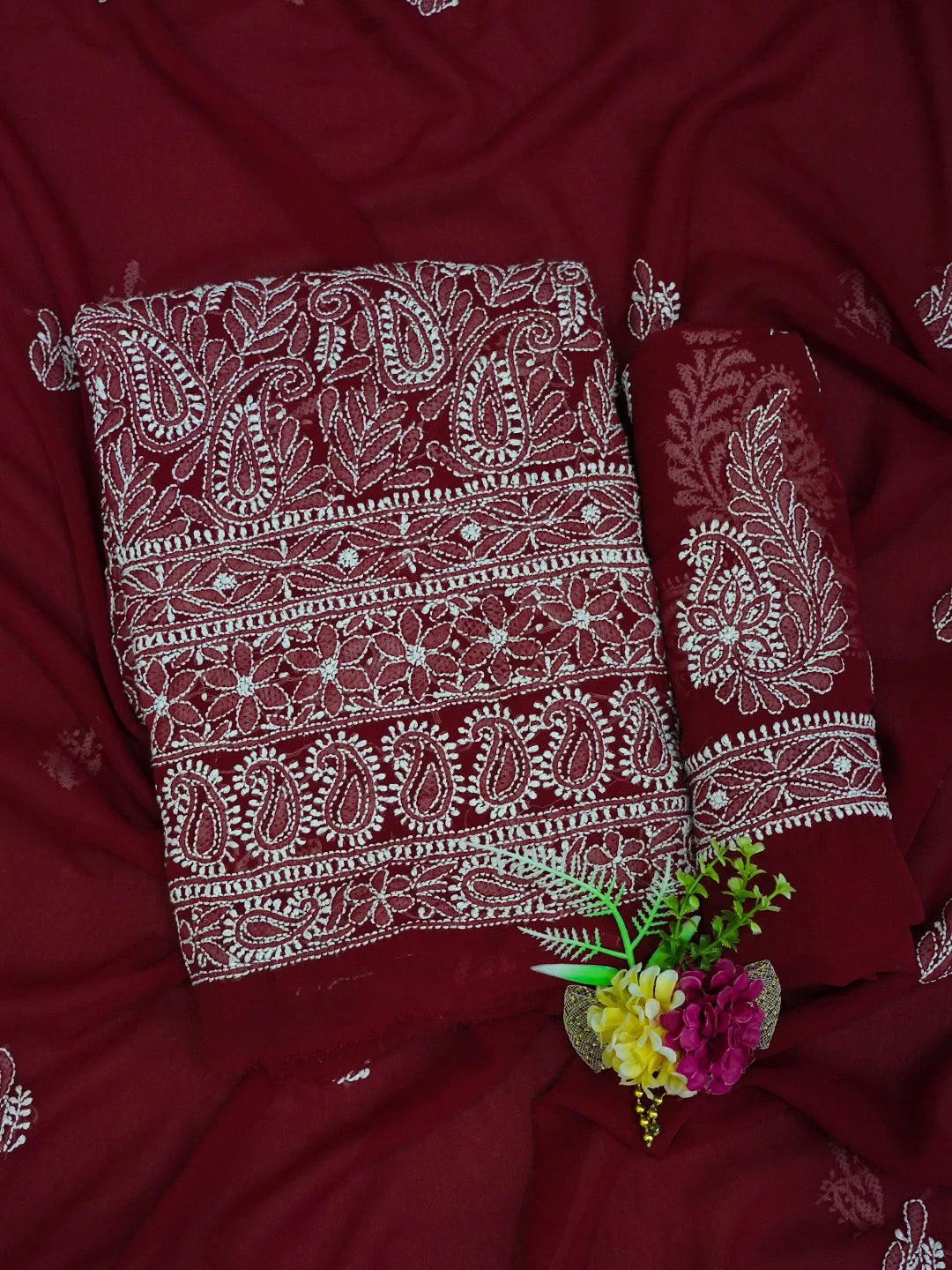 Ada Hand Embroidered Maroon Georgette Lucknowi Chikankari Unstitched Suit Piece 01A476680