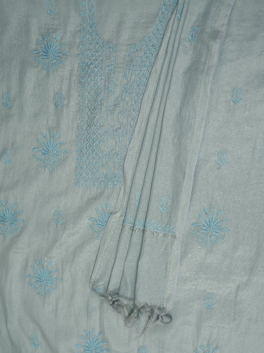 Ada Hand Embroidered Blue Tissue Lucknowi Chikankari Unstitched Kurta Dupatta Set 01A761072