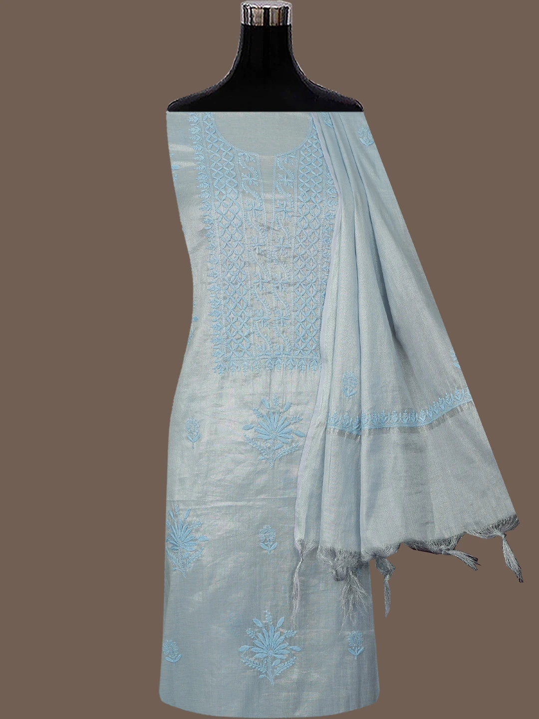 Ada Hand Embroidered Blue Tissue Lucknowi Chikankari Unstitched Kurta Dupatta Set 01A761072