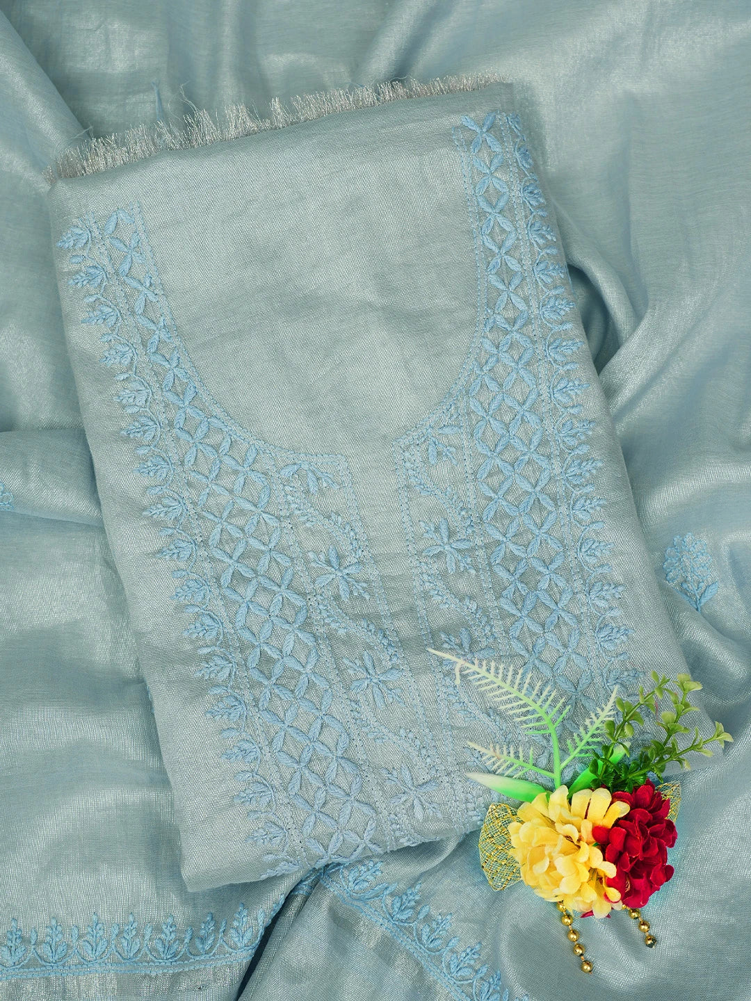 Ada Hand Embroidered Blue Tissue Lucknowi Chikankari Unstitched Kurta Dupatta Set 01A761072