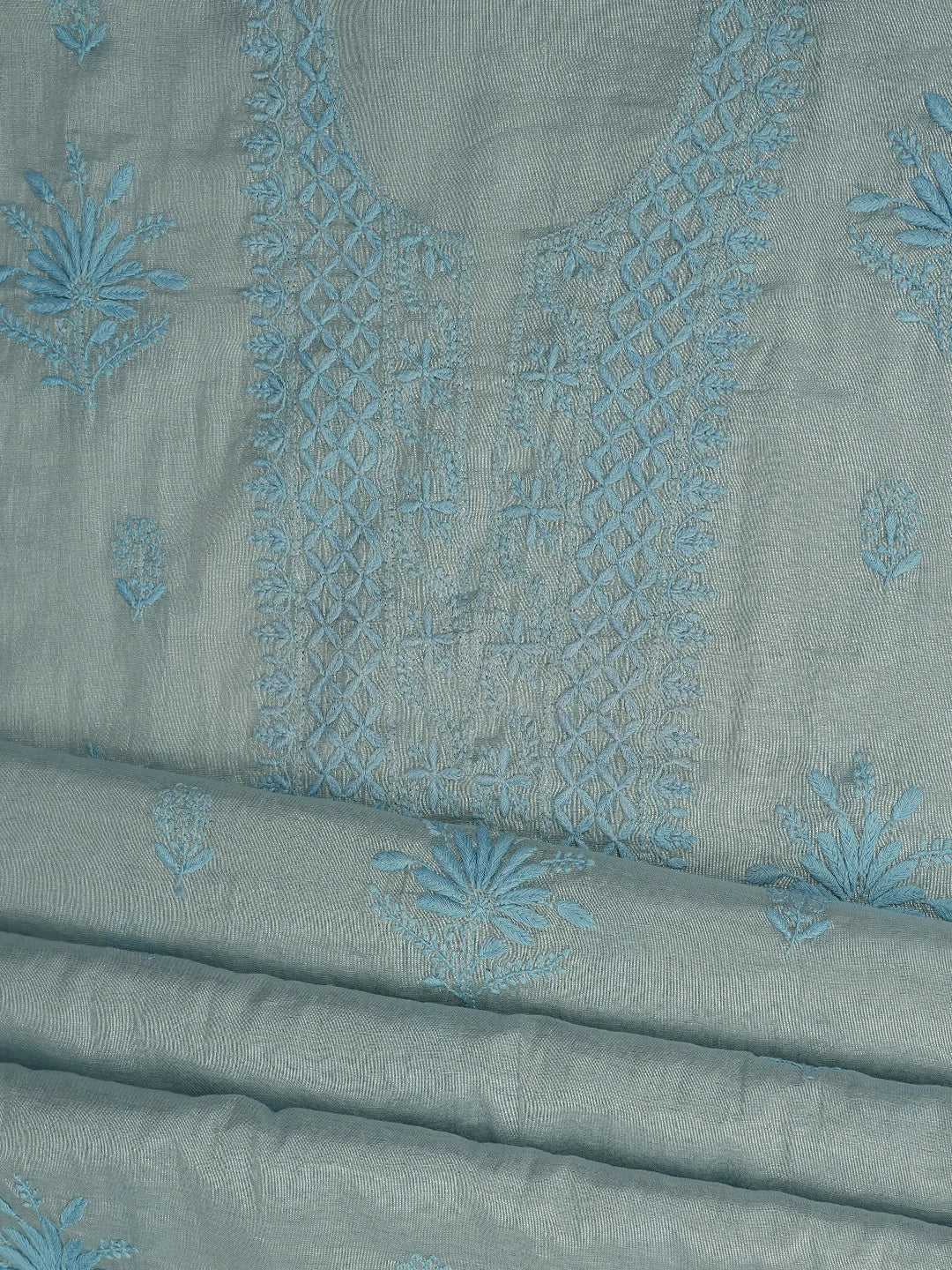 Ada Hand Embroidered Blue Tissue Lucknowi Chikankari Unstitched Kurta Dupatta Set 01A761072