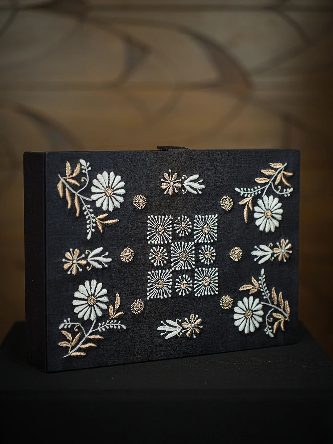 Ada Hand Embroidered Black Silk Lucknowi Chikankari Jewellery Box With Zari Taar Work 01A561778