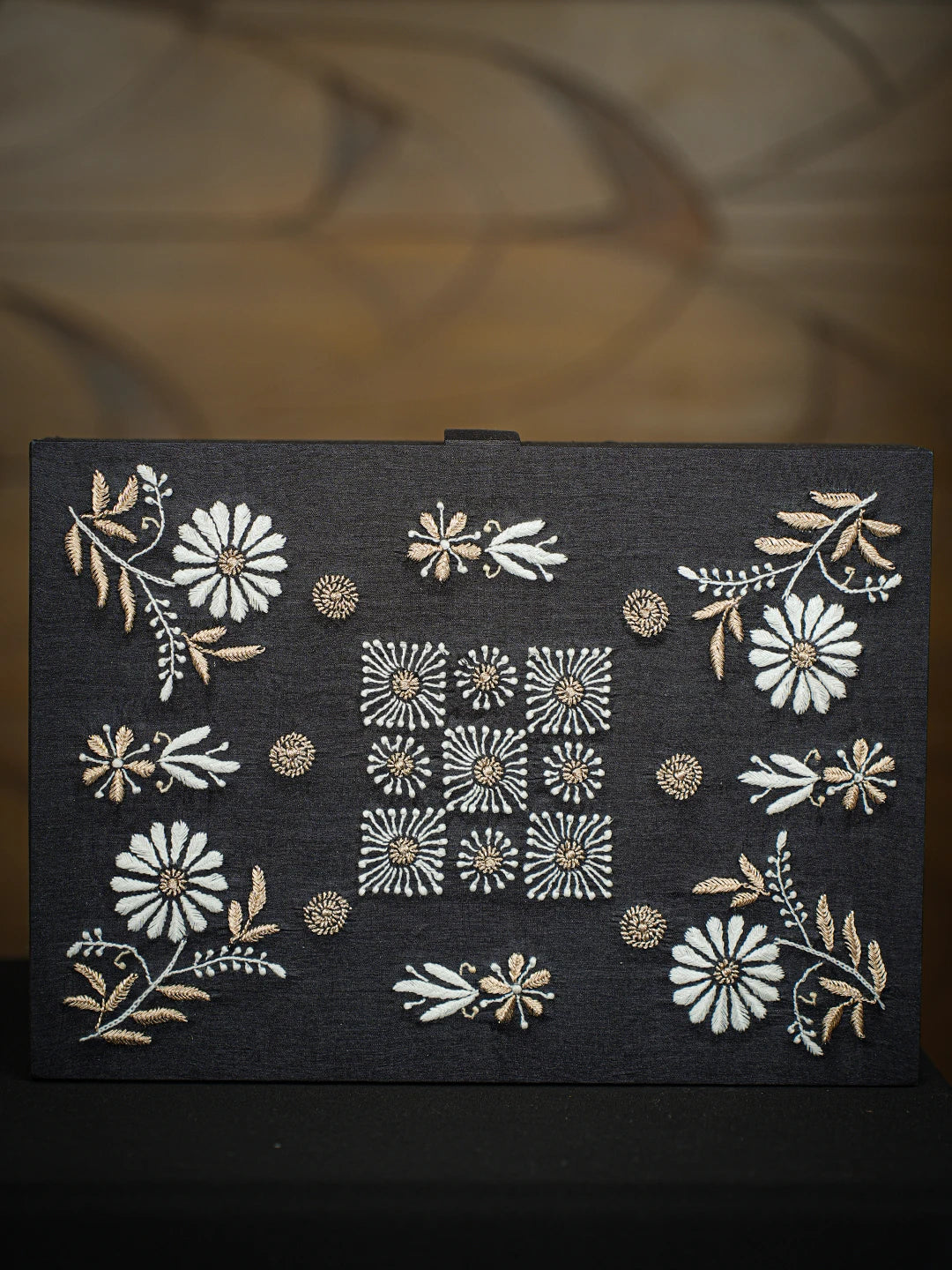 Ada Hand Embroidered Black Silk Lucknowi Chikankari Jewellery Box With Zari Taar Work 01A561778