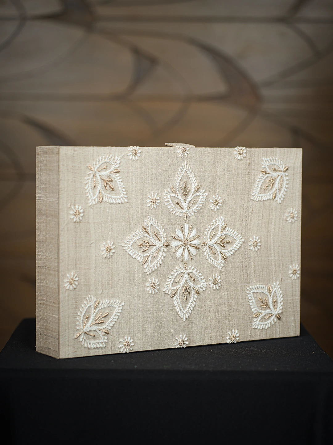 Ada Hand Embroidered Fawn Silk Lucknowi Chikankari Jewellery Box With Zari Taar Work 01A768274