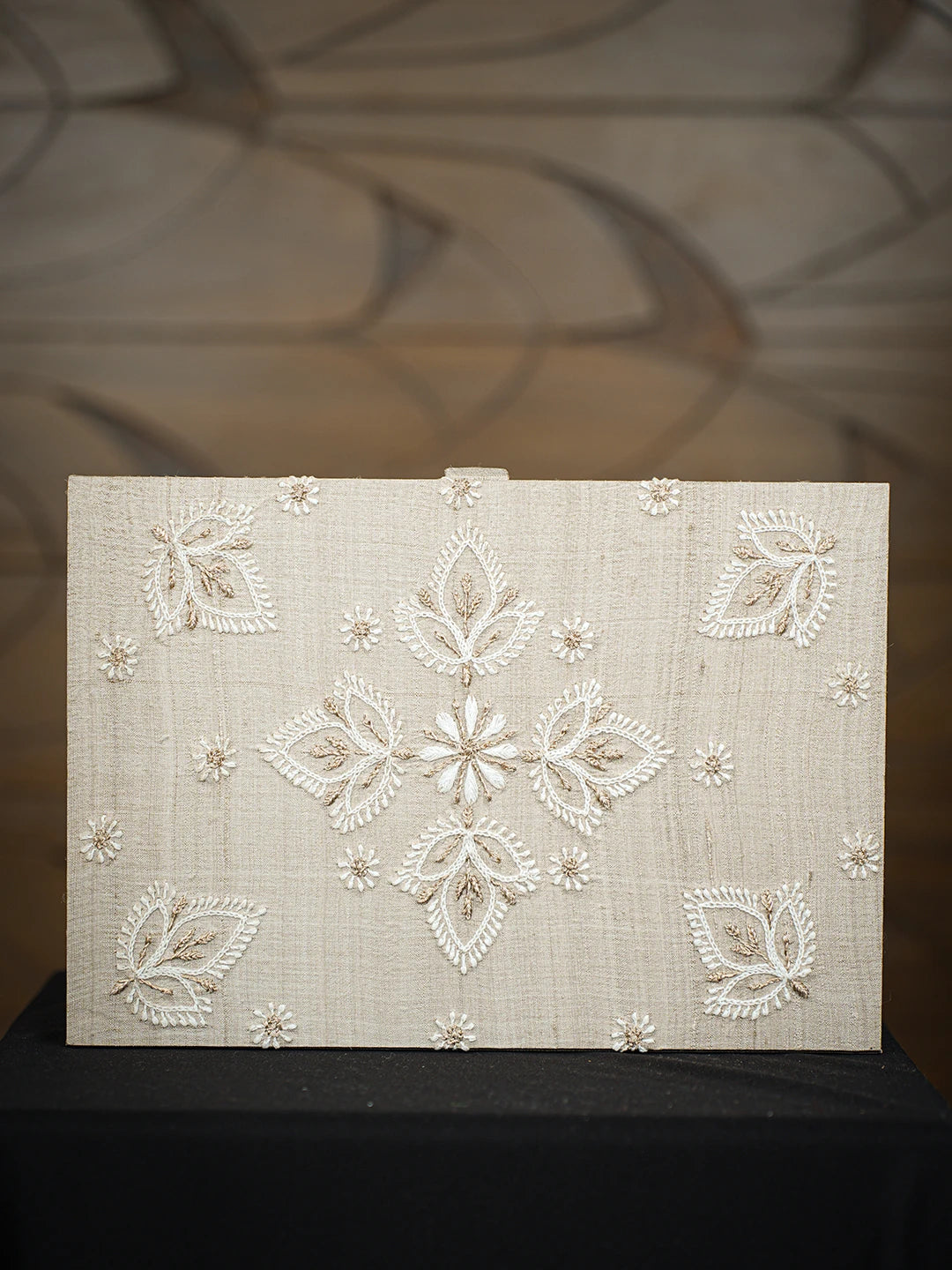 Ada Hand Embroidered Fawn Silk Lucknowi Chikankari Jewellery Box With Zari Taar Work 01A768274