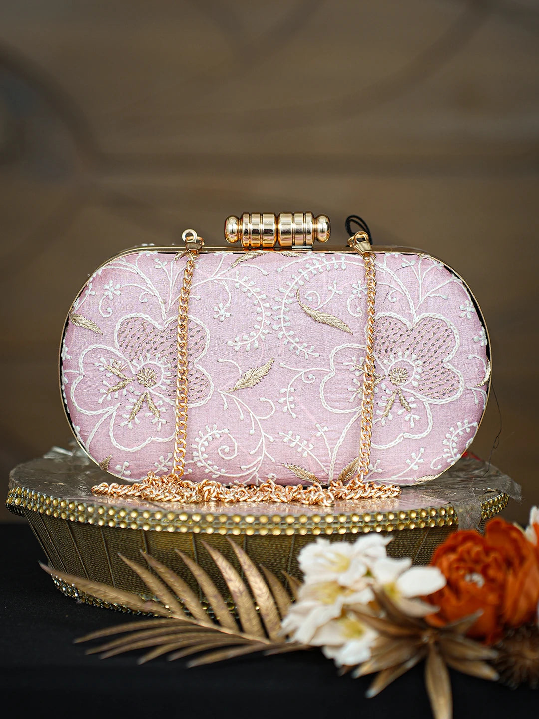 Ada Hand Embroidered Pink Silk Lucknowi Chikankari Clutch With Zari Taar Work 01A781626