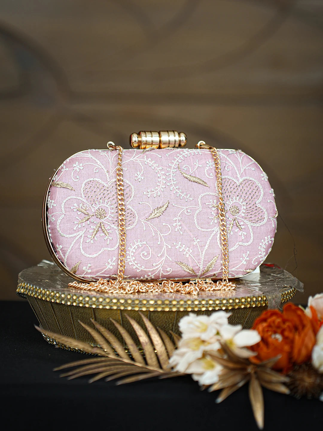 Ada Hand Embroidered Pink Silk Lucknowi Chikankari Clutch With Zari Taar Work 01A781626