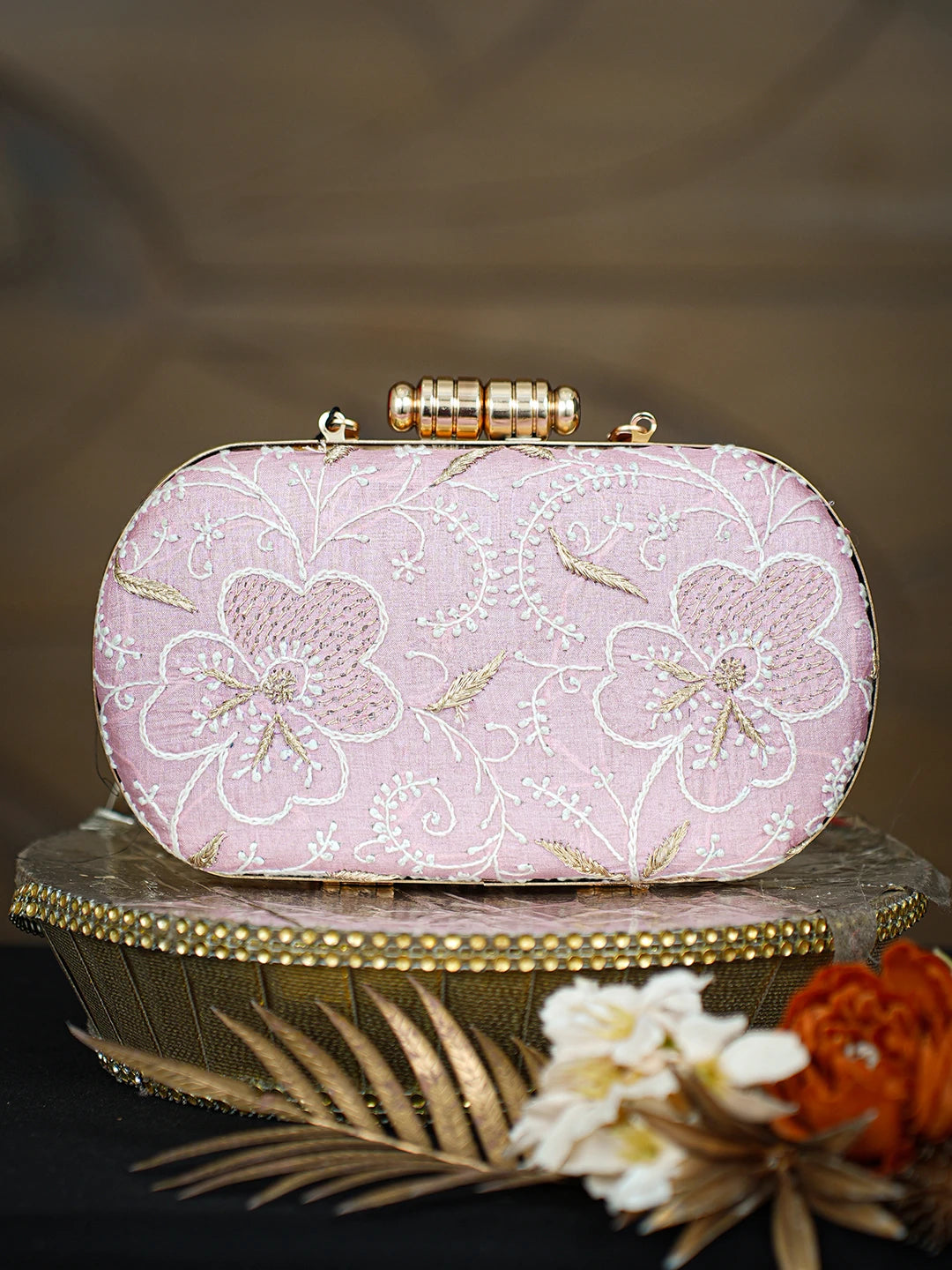 Ada Hand Embroidered Pink Silk Lucknowi Chikankari Clutch With Zari Taar Work 01A781626