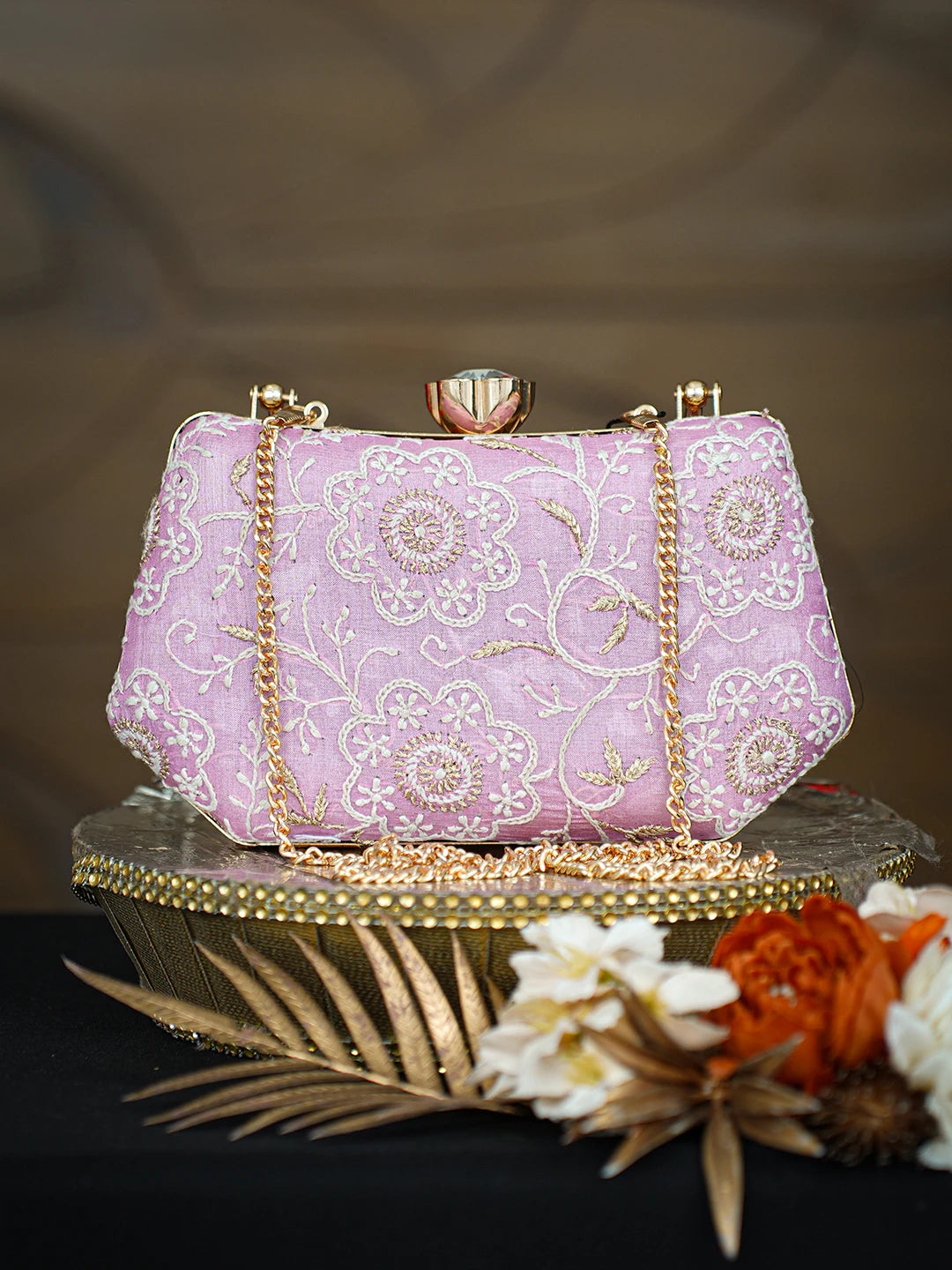 Ada Hand Embroidered Pink Silk Lucknowi Chikankari Clutch With Zari Taar Work 01A781557