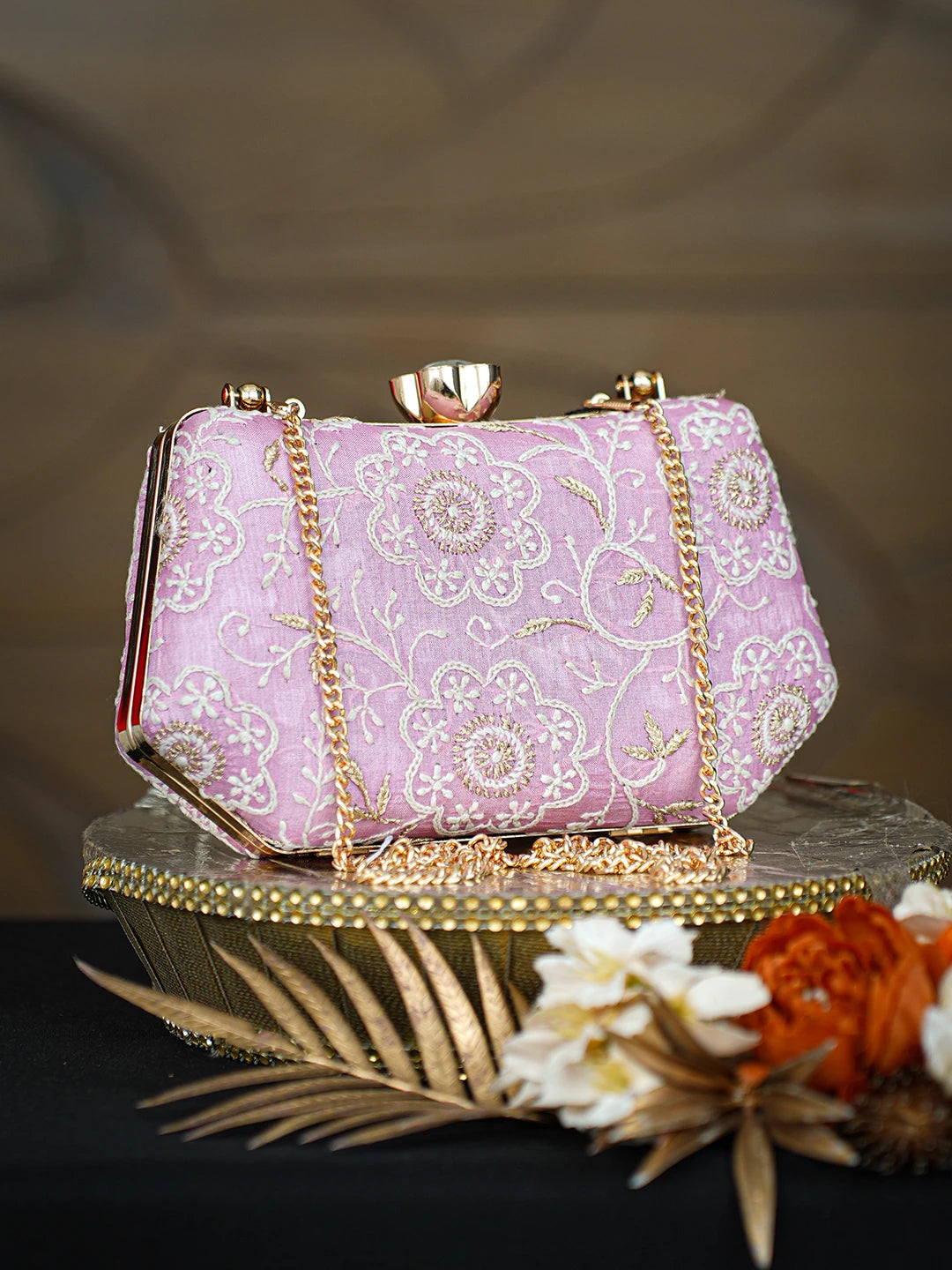 Ada Hand Embroidered Pink Silk Lucknowi Chikankari Clutch With Zari Taar Work 01A781557