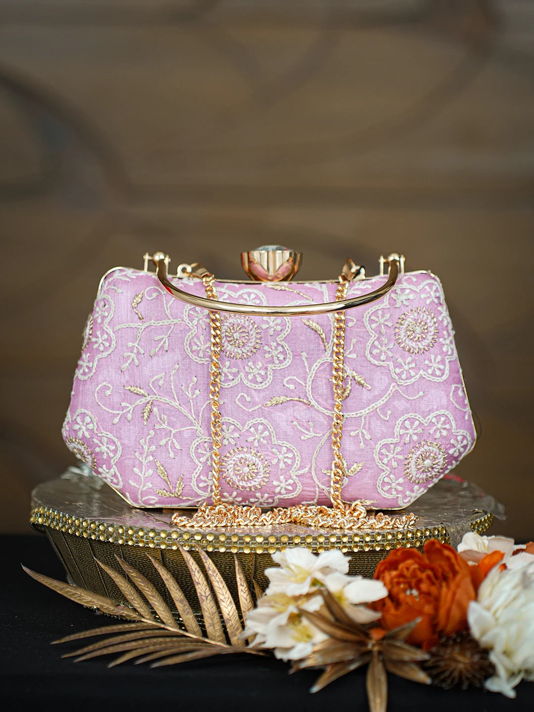 Ada Hand Embroidered Pink Silk Lucknowi Chikankari Clutch With Zari Taar Work 01A781557