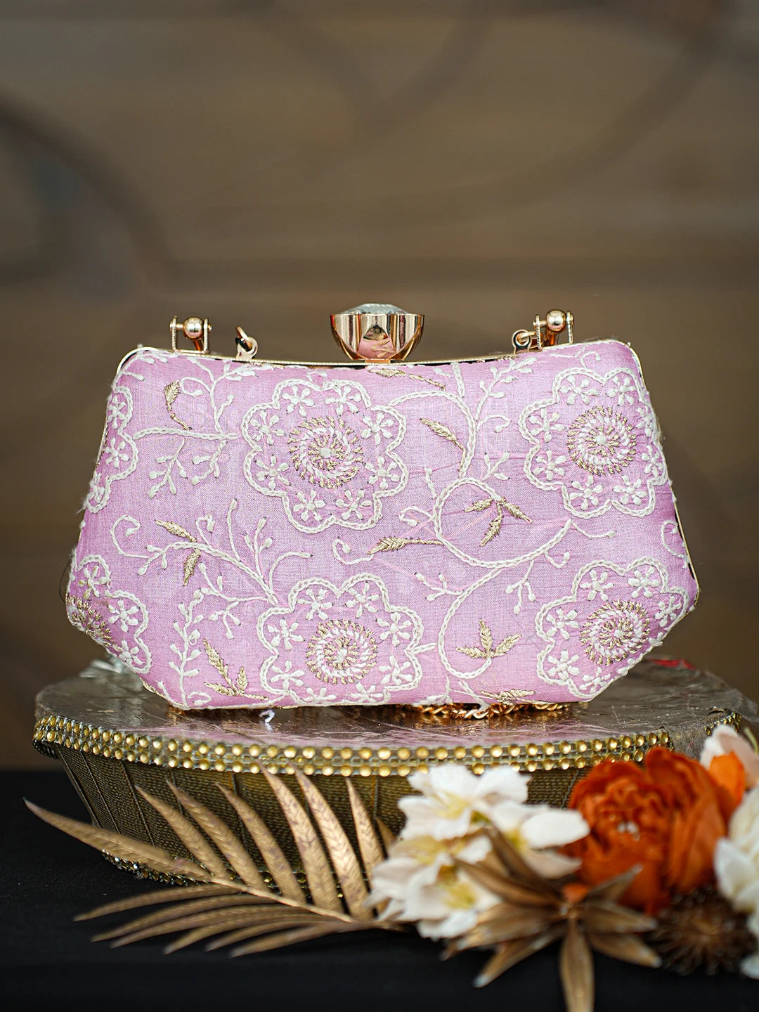 Ada Hand Embroidered Pink Silk Lucknowi Chikankari Clutch With Zari Taar Work 01A781557