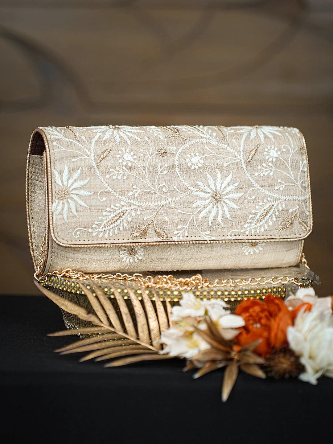Ada Hand Embroidered Fawn Silk Lucknowi Chikankari Clutch With Zari Taar Work 01A775686