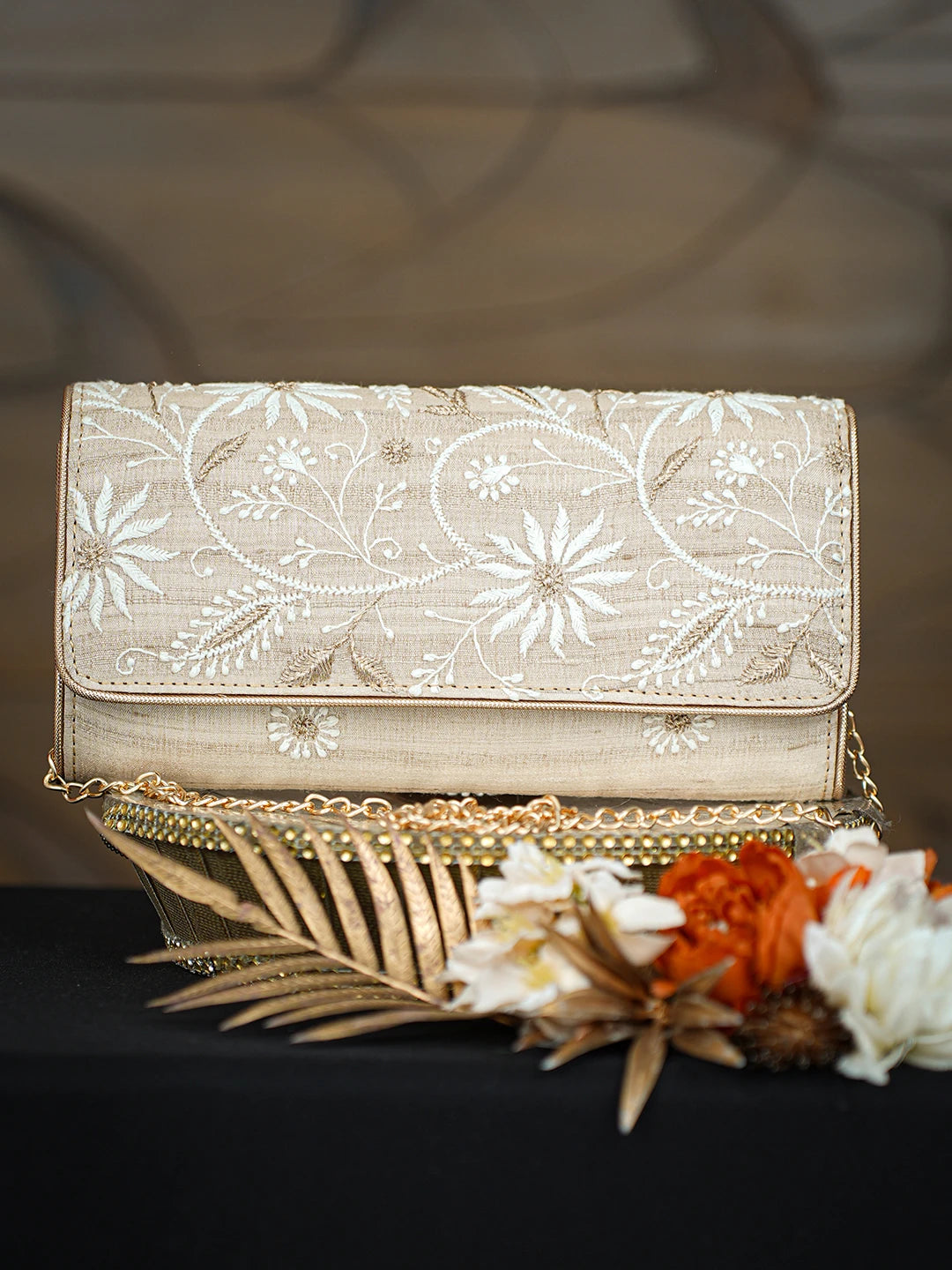 Ada Hand Embroidered Fawn Silk Lucknowi Chikankari Clutch With Zari Taar Work 01A775686
