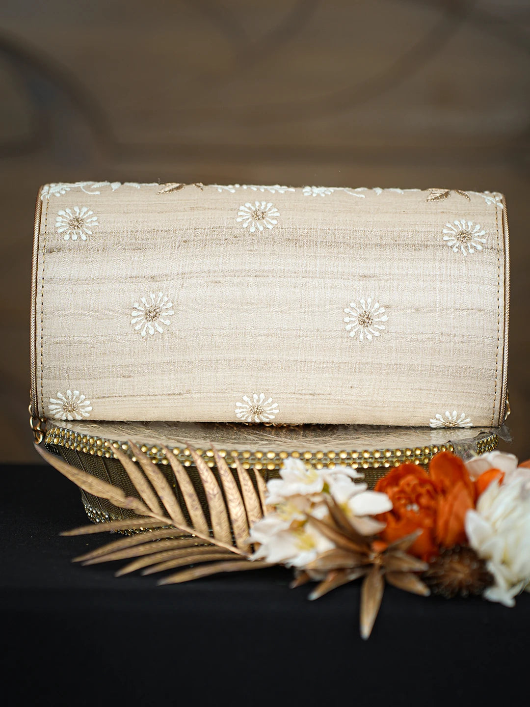 Ada Hand Embroidered Fawn Silk Lucknowi Chikankari Clutch With Zari Taar Work 01A775686