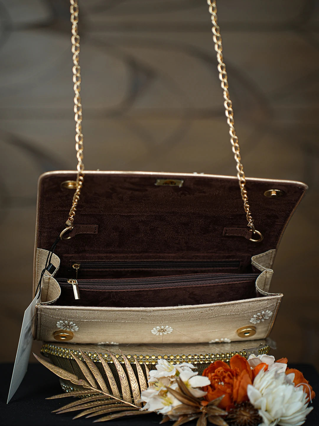 Ada Hand Embroidered Fawn Silk Lucknowi Chikankari Clutch With Zari Taar Work 01A775686