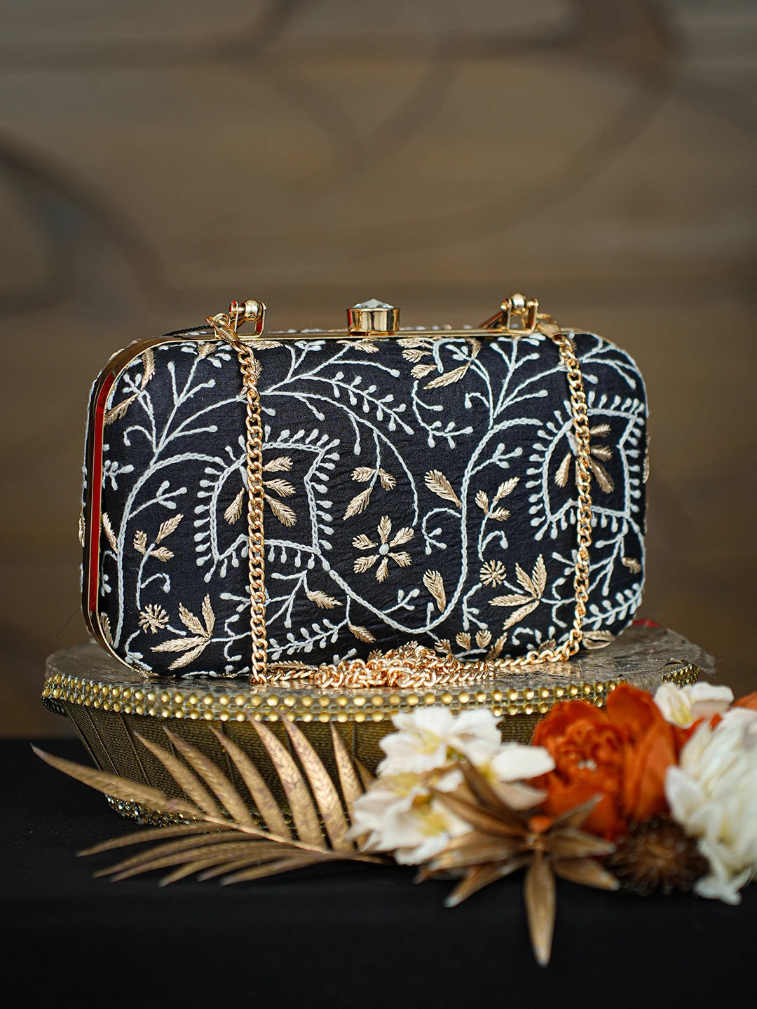 Ada Hand Embroidered Black Silk Lucknowi Chikankari Clutch With Zari Taar Work 01A781562