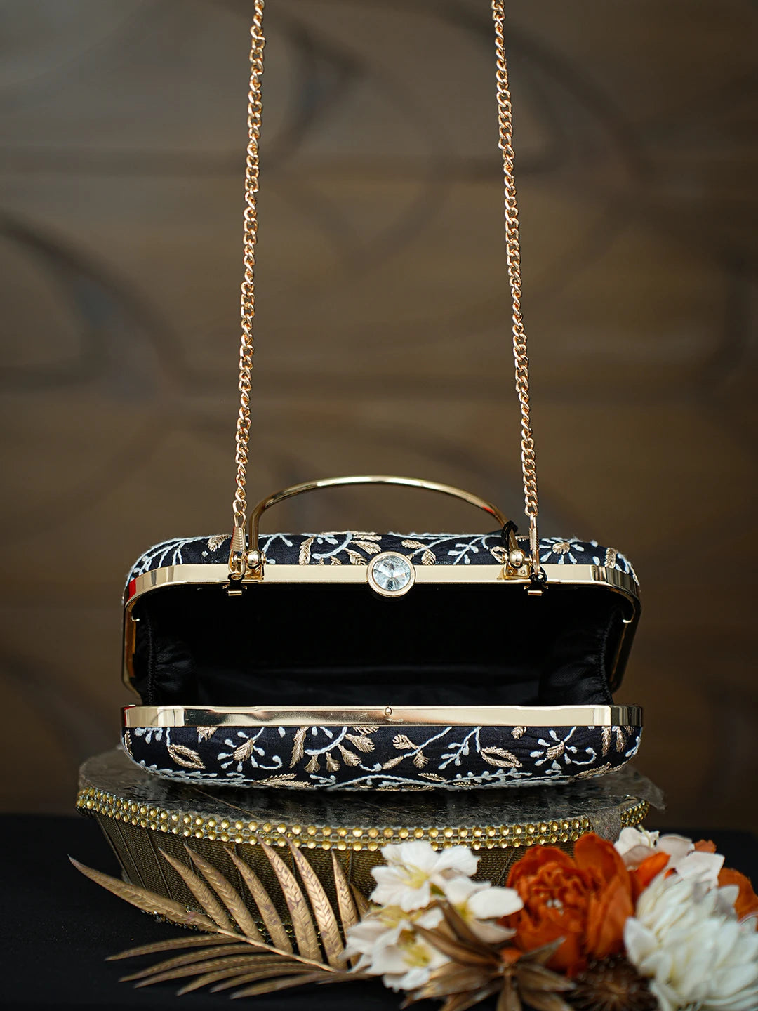 Ada Hand Embroidered Black Silk Lucknowi Chikankari Clutch With Zari Taar Work 01A781562