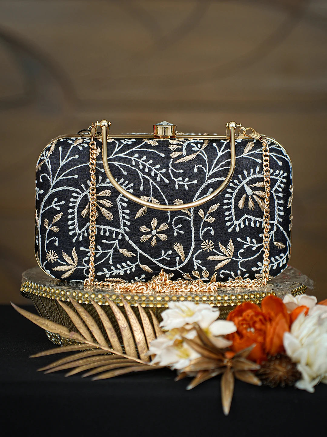 Ada Hand Embroidered Black Silk Lucknowi Chikankari Clutch With Zari Taar Work 01A781562