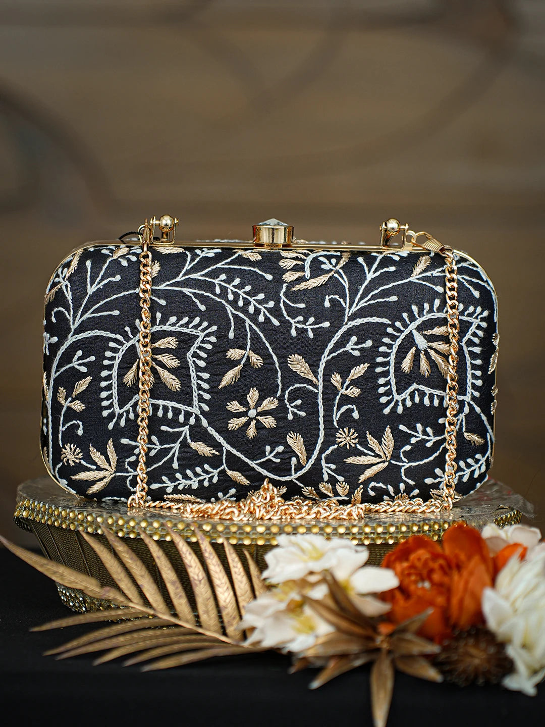 Ada Hand Embroidered Black Silk Lucknowi Chikankari Clutch With Zari Taar Work 01A781562
