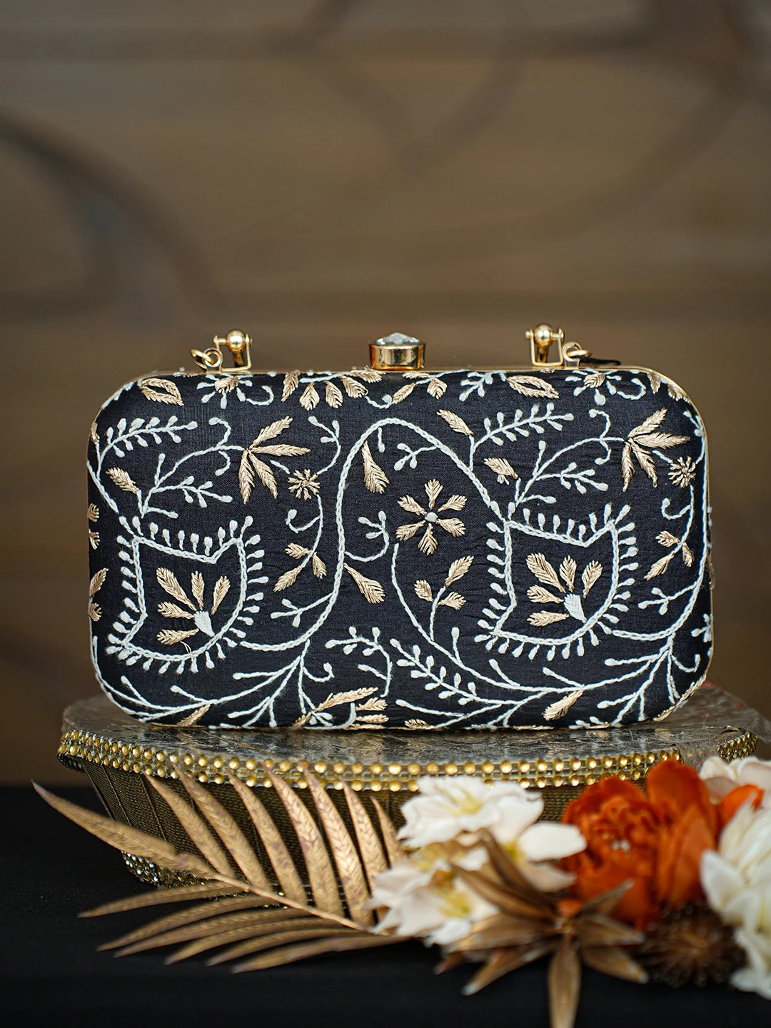 Ada Hand Embroidered Black Silk Lucknowi Chikankari Clutch With Zari Taar Work 01A781562