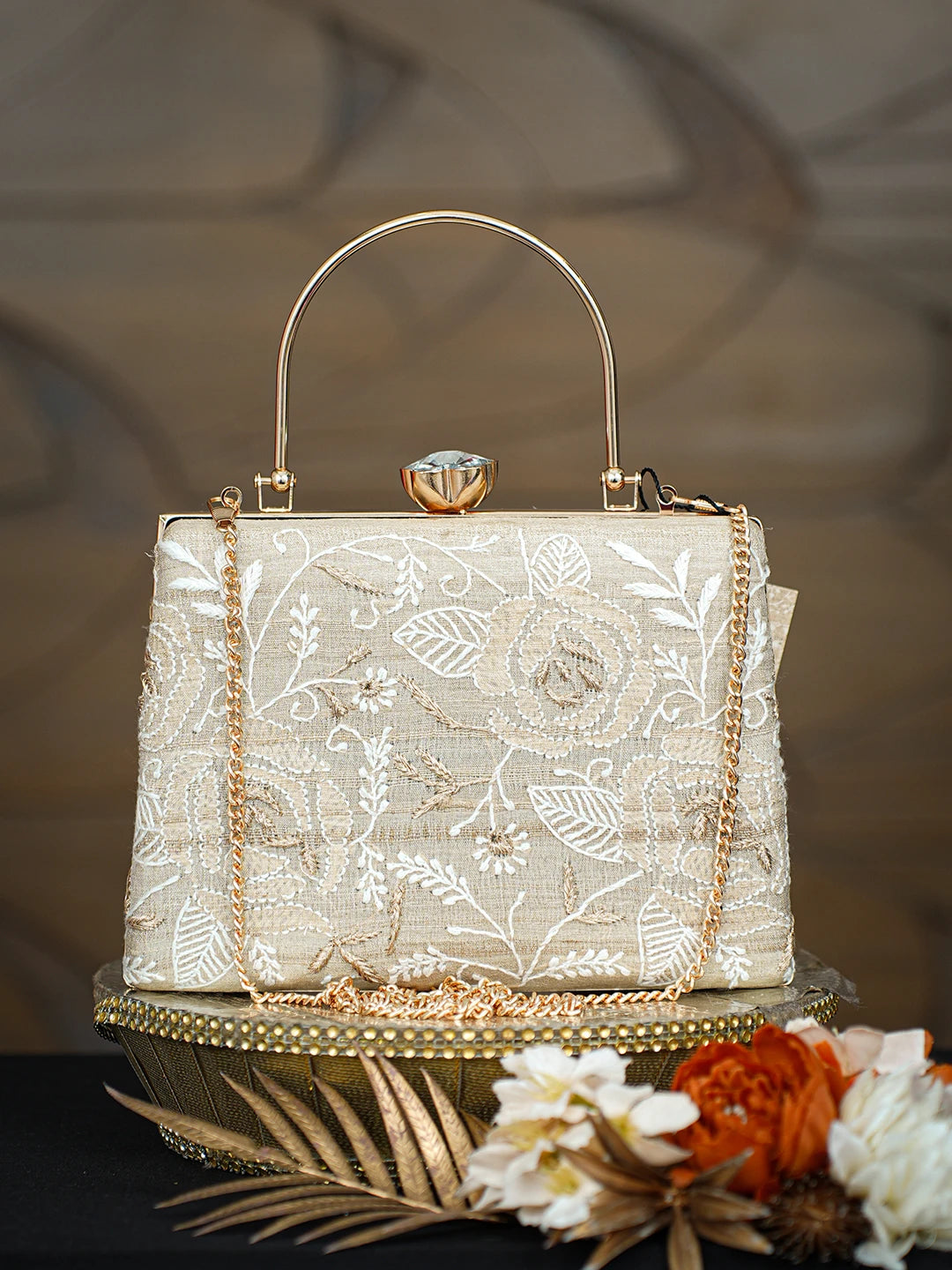 Ada Hand Embroidered Fawn Silk Lucknowi Chikankari Clutch With Zari Taar Work 01A781620
