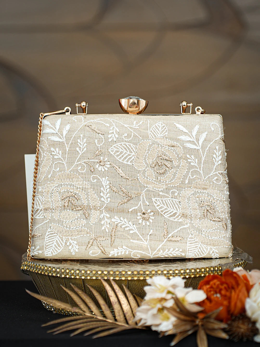 Ada Hand Embroidered Fawn Silk Lucknowi Chikankari Clutch With Zari Taar Work 01A781620