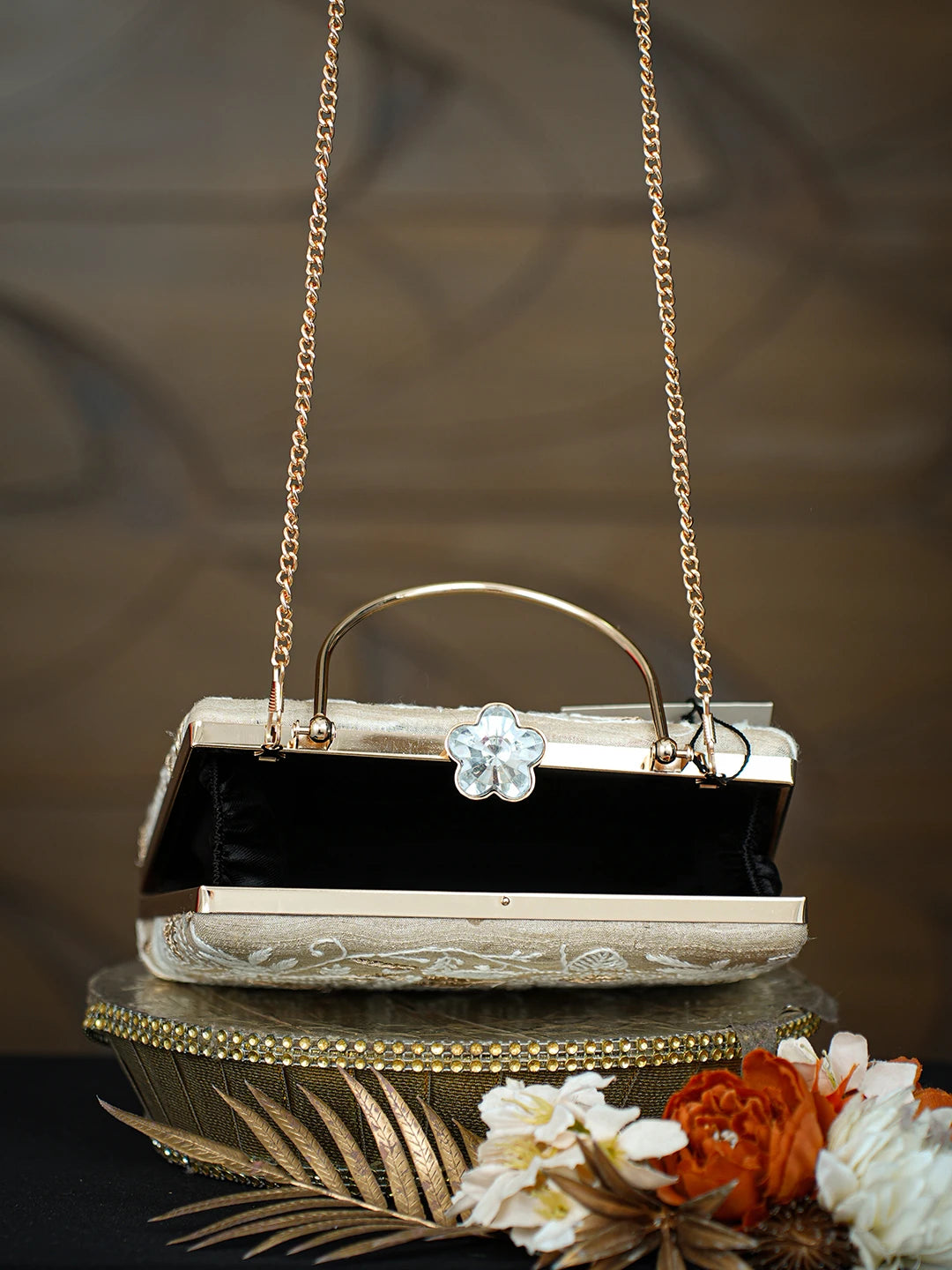 Ada Hand Embroidered Fawn Silk Lucknowi Chikankari Clutch With Zari Taar Work 01A781620