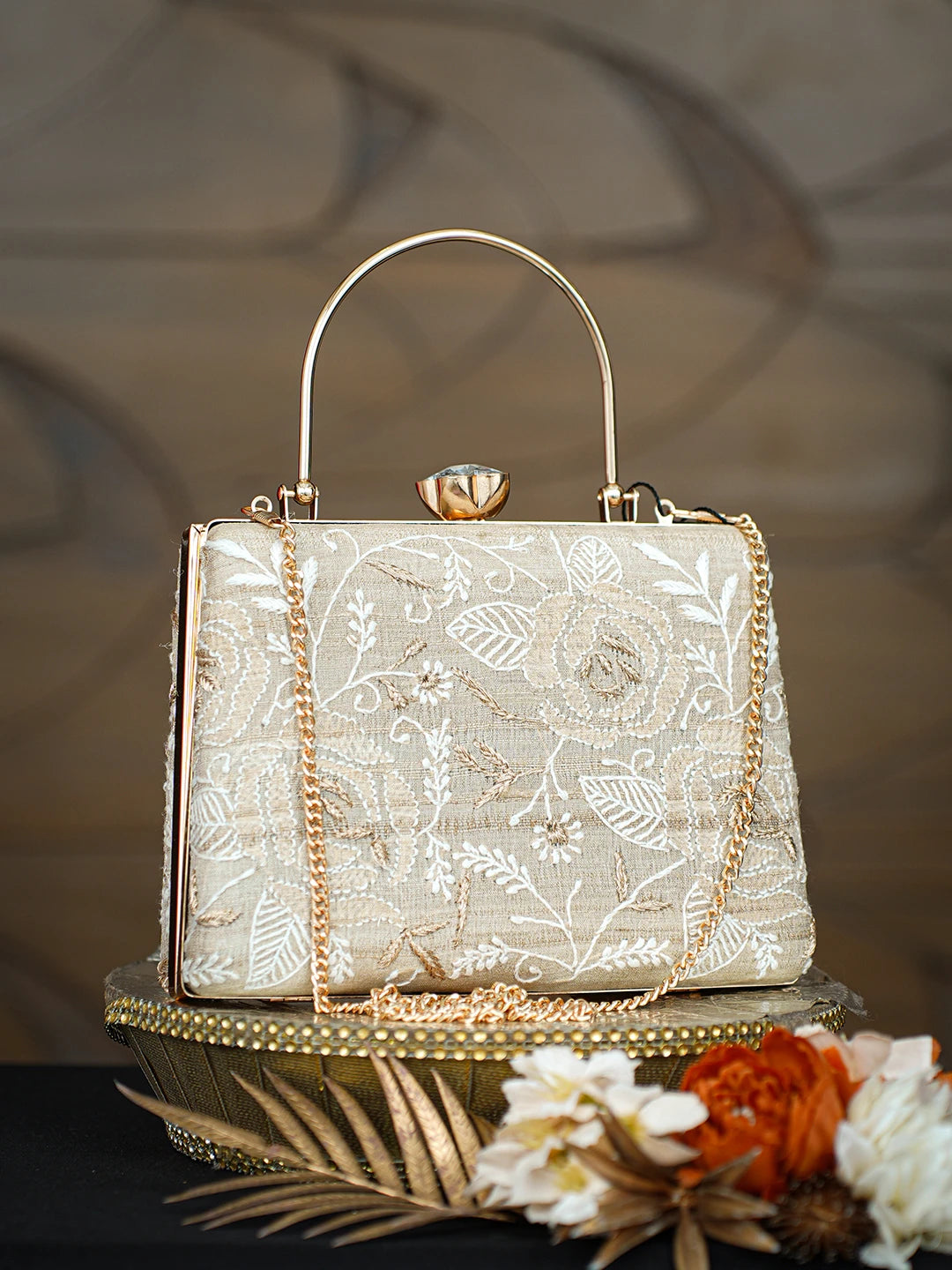 Ada Hand Embroidered Fawn Silk Lucknowi Chikankari Clutch With Zari Taar Work 01A781620