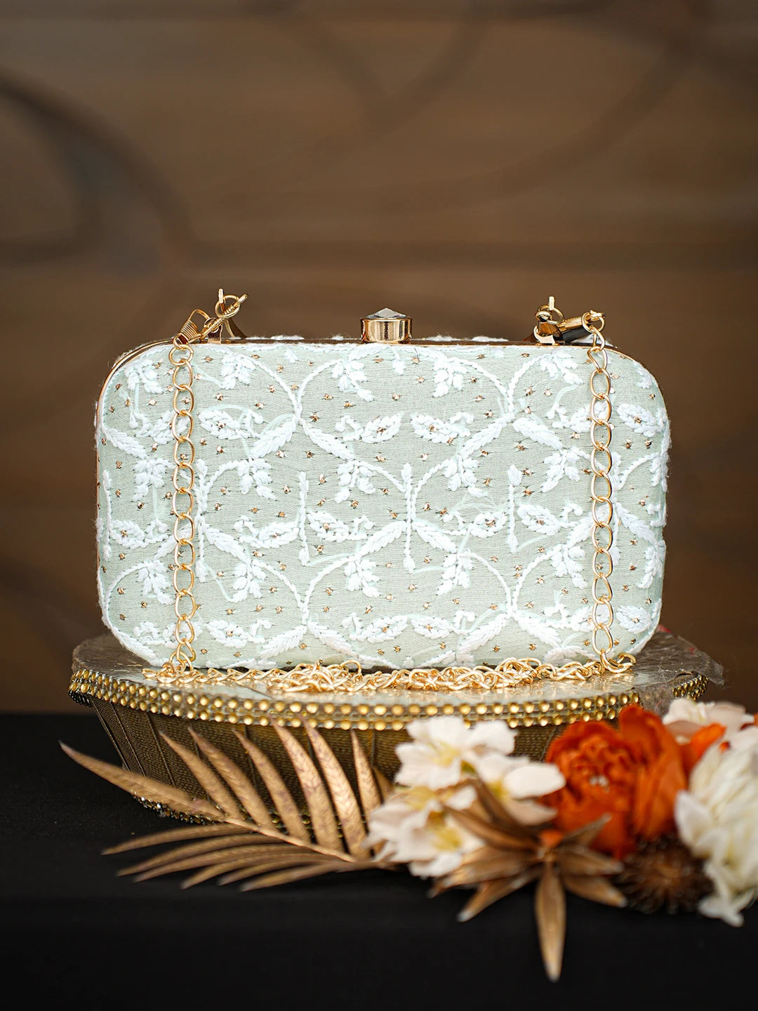 Ada Hand Embroidered Sea Green Silk Lucknowi Chikankari Clutch With Mukaish Work 01A781575