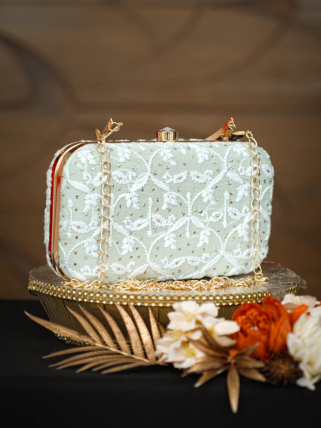Ada Hand Embroidered Sea Green Silk Lucknowi Chikankari Clutch With Mukaish Work 01A781575