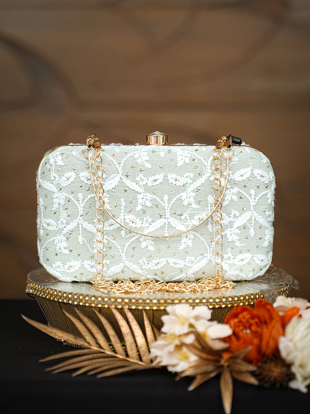 Ada Hand Embroidered Sea Green Silk Lucknowi Chikankari Clutch With Mukaish Work 01A781575