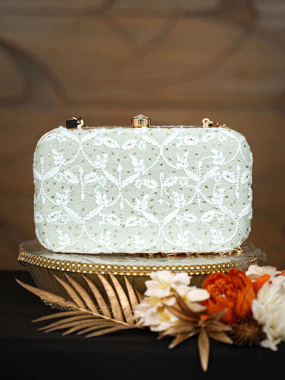 Ada Hand Embroidered Sea Green Silk Lucknowi Chikankari Clutch With Mukaish Work 01A781575