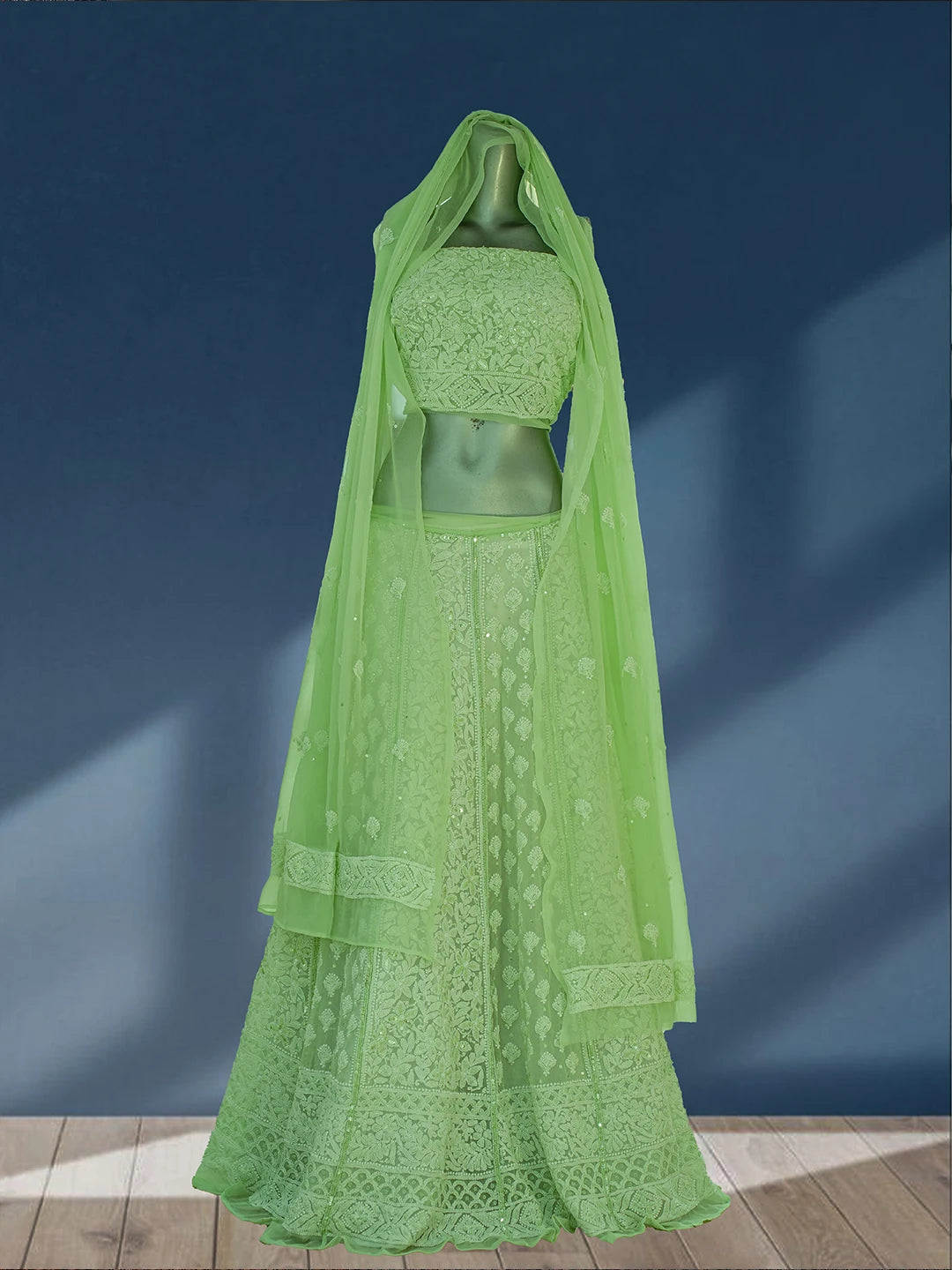 Ada Hand Embroidered Pastel Lime Green Georgette Lucknowi Chikankari Lehenga Set With Sequinned Work 01A767970