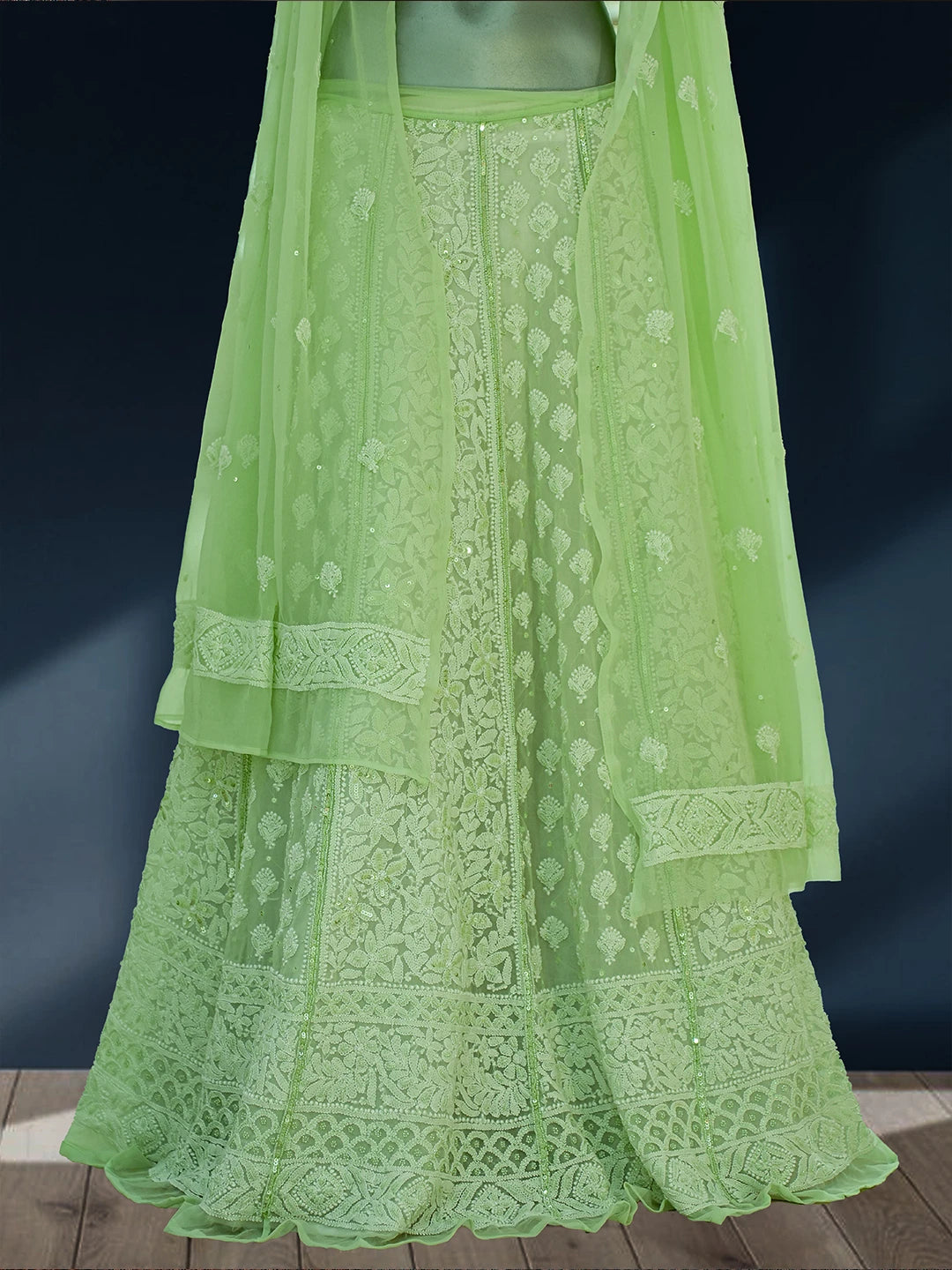 Ada Hand Embroidered Pastel Lime Green Georgette Lucknowi Chikankari Lehenga Set With Sequinned Work 01A767970