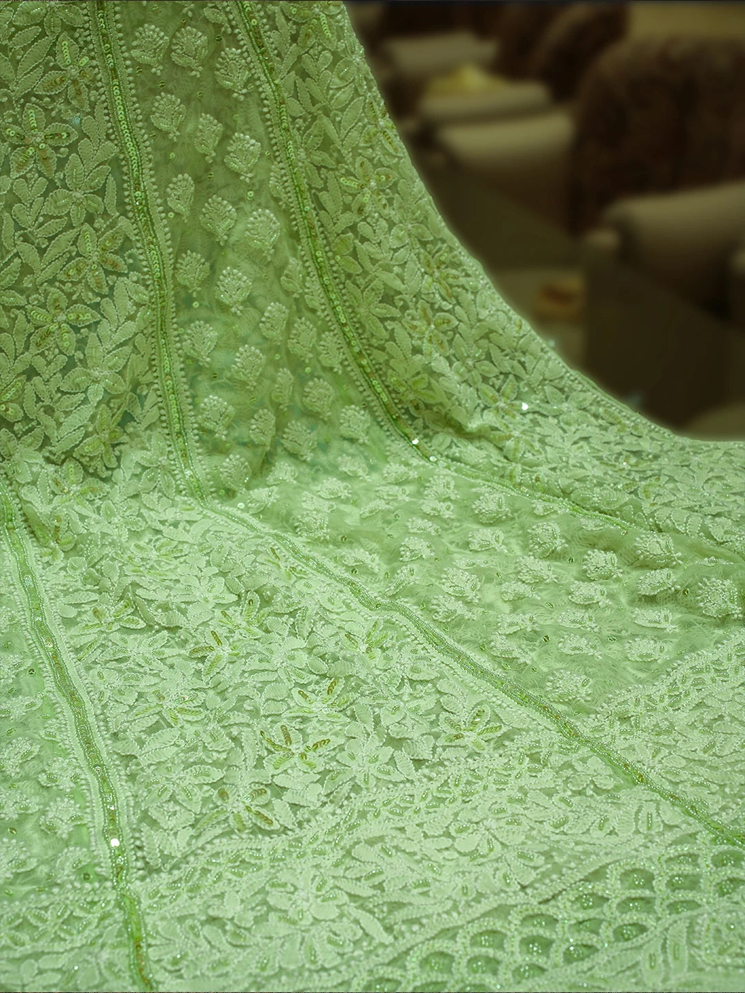 Ada Hand Embroidered Pastel Lime Green Georgette Lucknowi Chikankari Lehenga Set With Sequinned Work 01A767970
