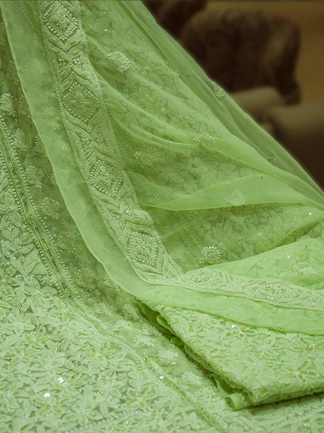 Ada Hand Embroidered Pastel Lime Green Georgette Lucknowi Chikankari Lehenga Set With Sequinned Work 01A767970