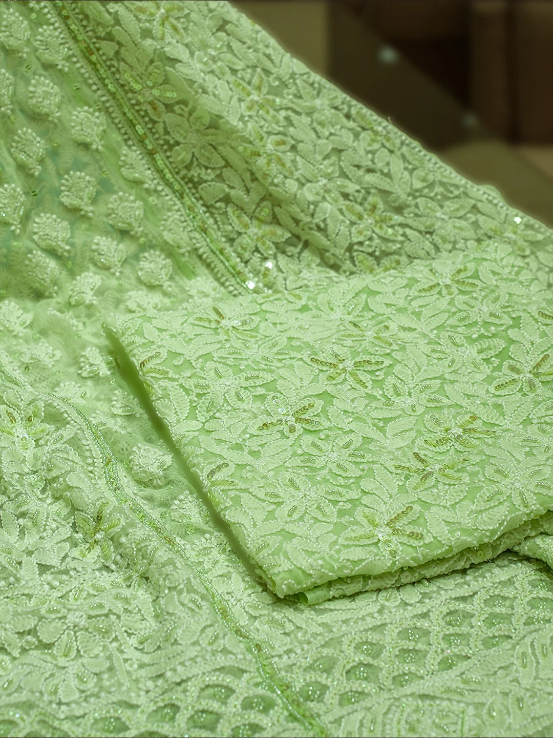 Ada Hand Embroidered Pastel Lime Green Georgette Lucknowi Chikankari Lehenga Set With Sequinned Work 01A767970
