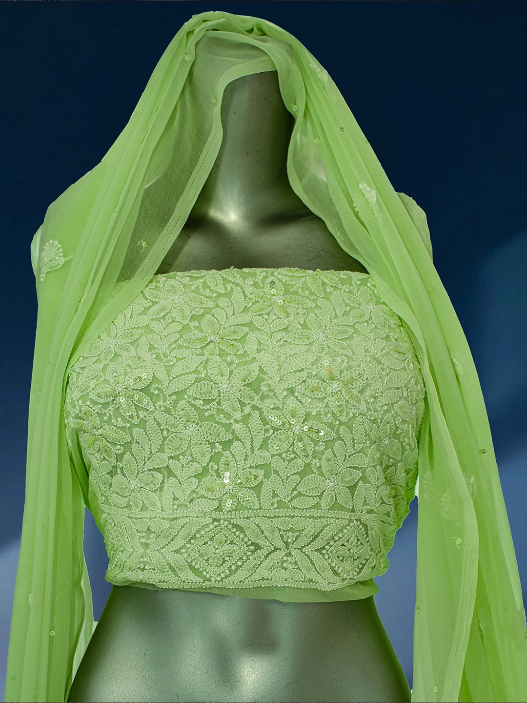 Ada Hand Embroidered Pastel Lime Green Georgette Lucknowi Chikankari Lehenga Set With Sequinned Work 01A767970