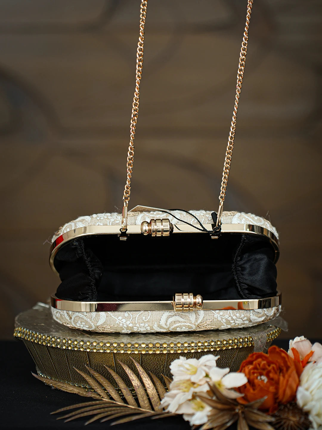 Ada Hand Embroidered Fawn Silk Lucknowi Chikankari Clutch With Zari Taar Work 01A781624