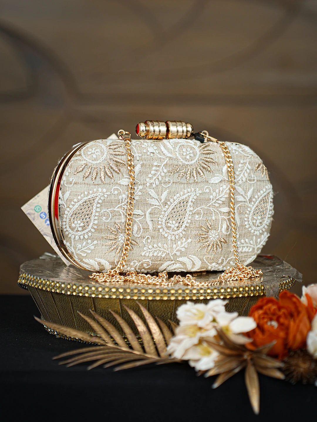 Ada Hand Embroidered Fawn Silk Lucknowi Chikankari Clutch With Zari Taar Work 01A781624
