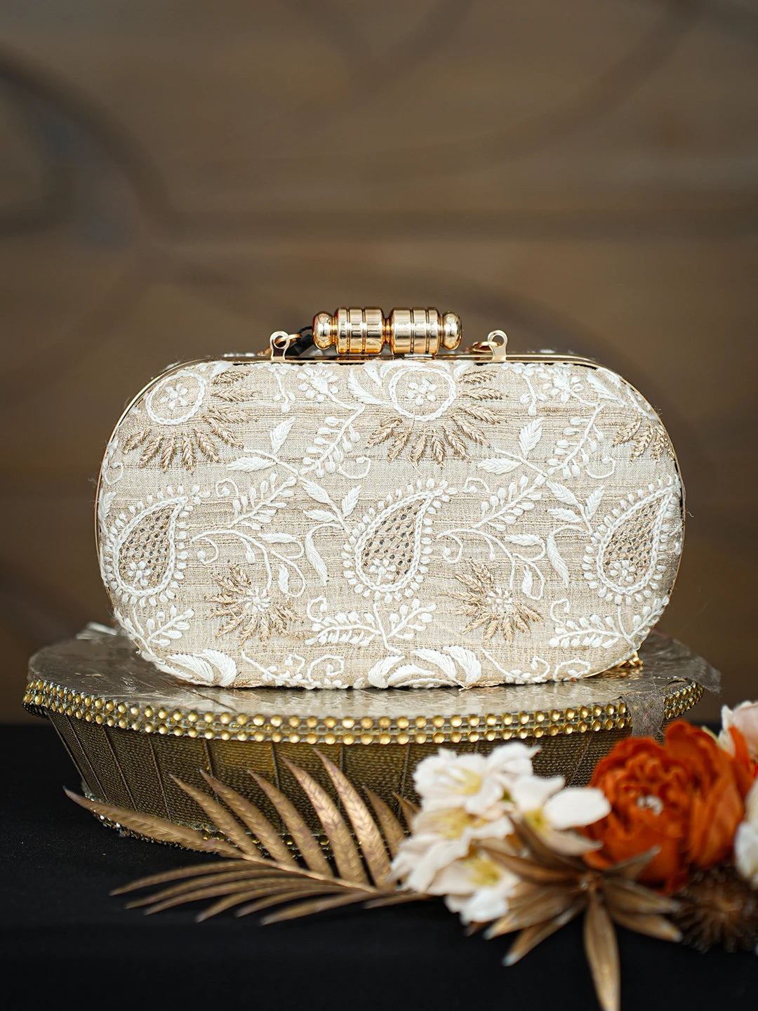 Ada Hand Embroidered Fawn Silk Lucknowi Chikankari Clutch With Zari Taar Work 01A781624